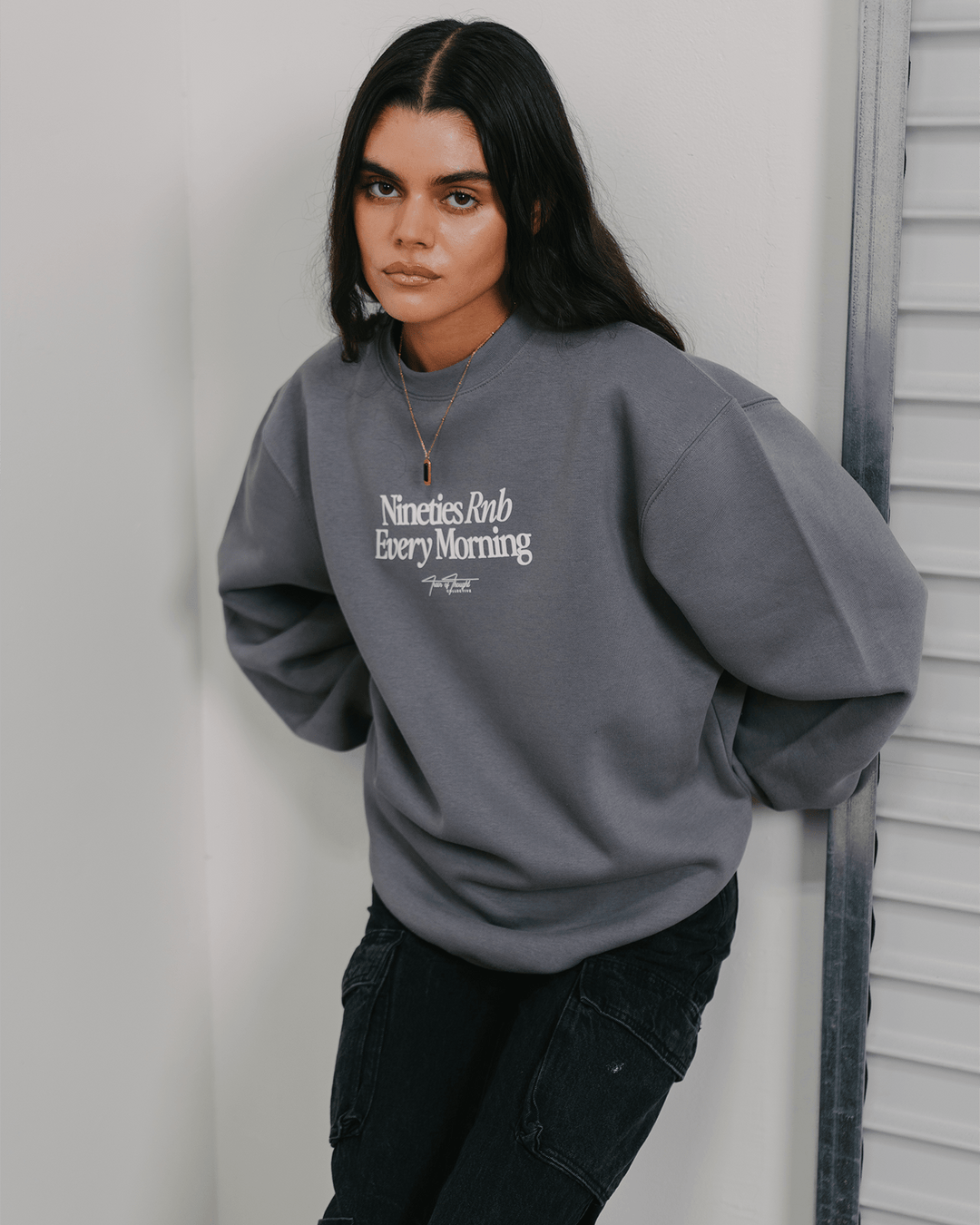 Nineties Rnb Every Morning Grey Crewneck Sweatshirt - trainofthoughtcollective
