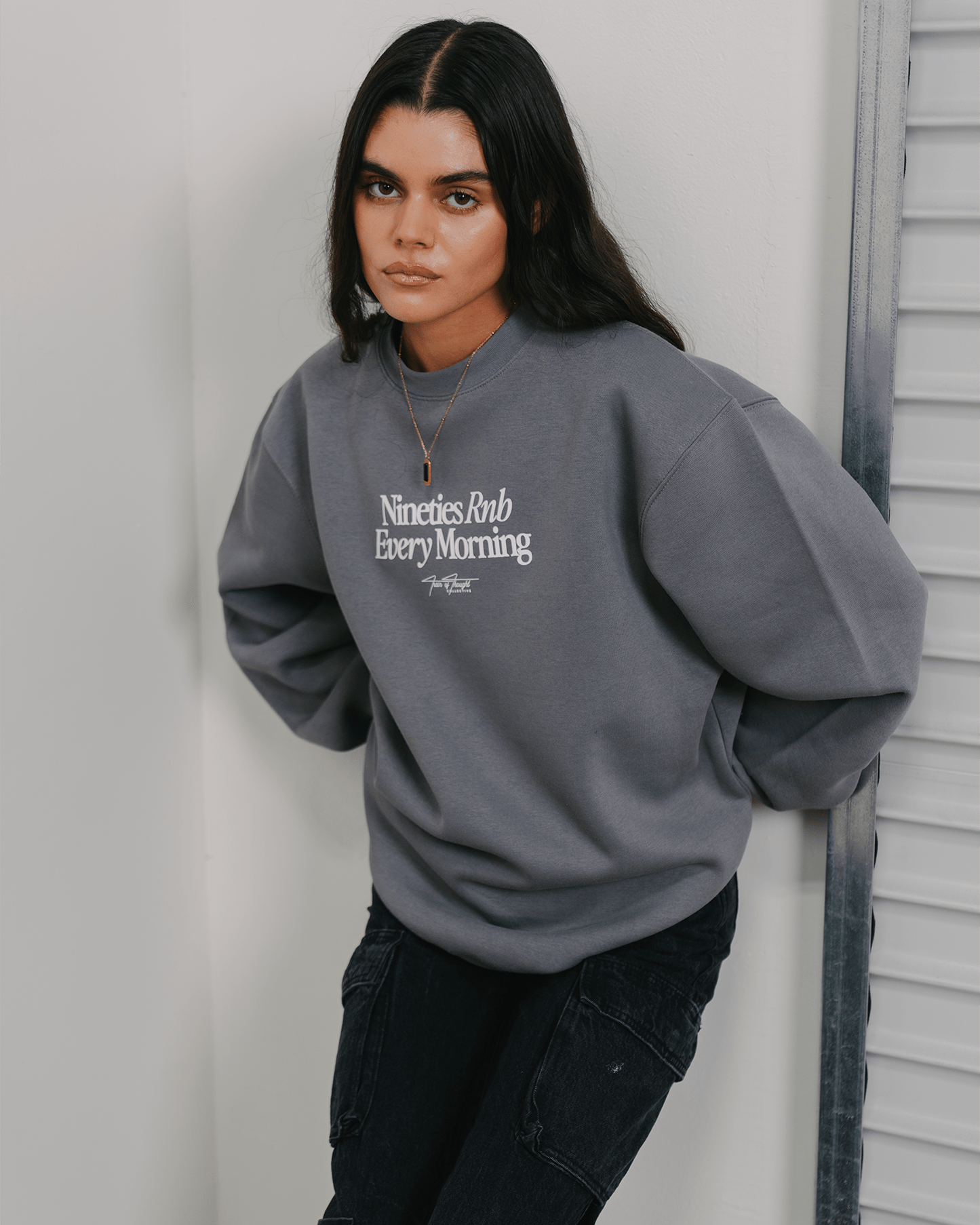 Nineties Rnb Every Morning Grey Crewneck Sweatshirt - trainofthoughtcollective