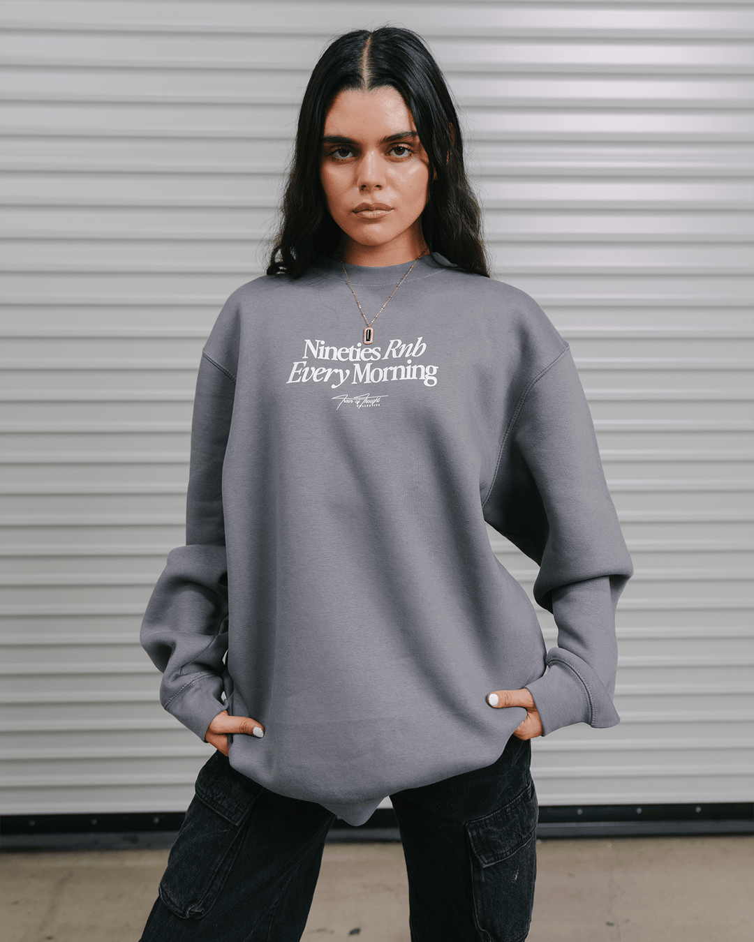 Nineties Rnb Every Morning Grey Crewneck Sweatshirt - trainofthoughtcollective