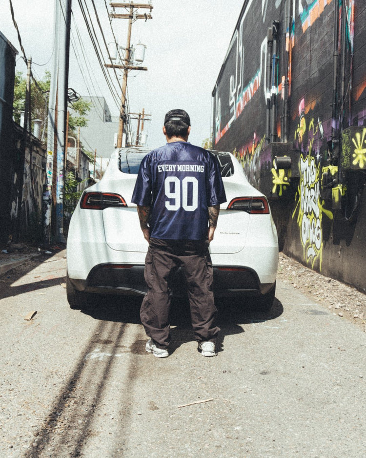 Nineties Rnb Every Morning Navy Blue Cropped Football Jersey - trainofthoughtcollective