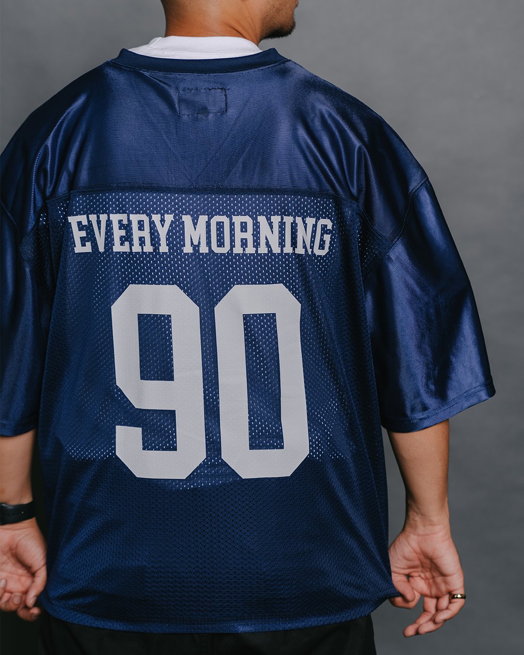 Nineties Rnb Every Morning Navy Blue Cropped Football Jersey - trainofthoughtcollective