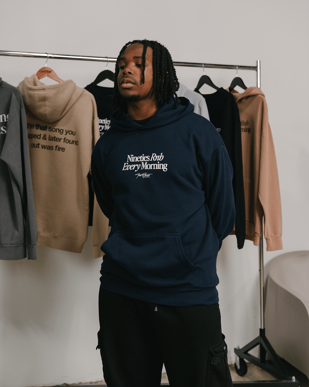 Nineties Rnb Every Morning Navy Hoodie - trainofthoughtcollective