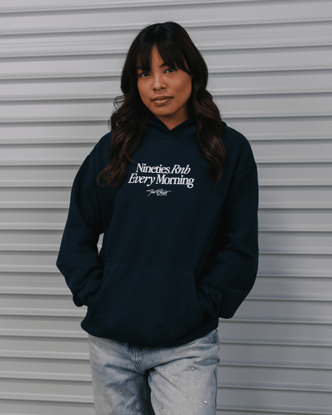 Nineties Rnb Every Morning Navy Hoodie - trainofthoughtcollective