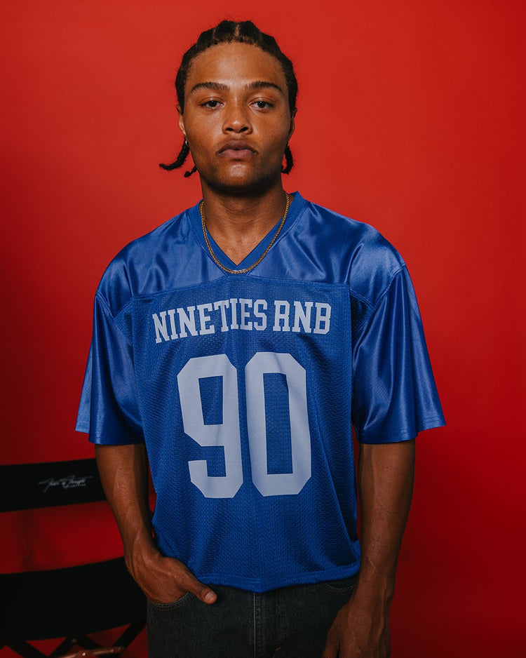 Nineties Rnb Every Morning Royal Blue Cropped Football Jersey - trainofthoughtcollective