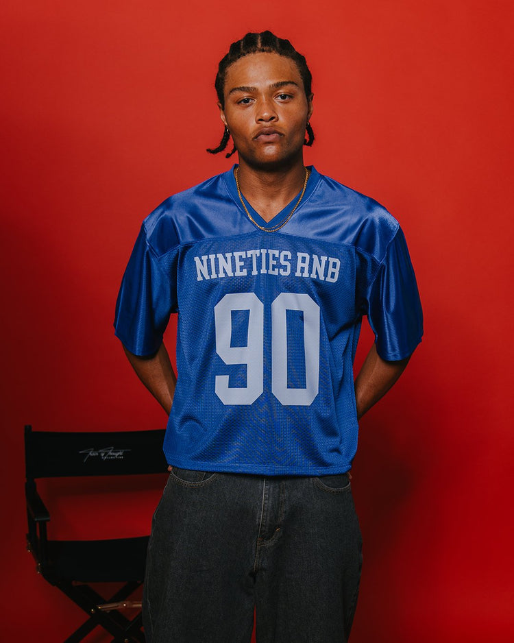 Nineties Rnb Every Morning Royal Blue Cropped Football Jersey - trainofthoughtcollective