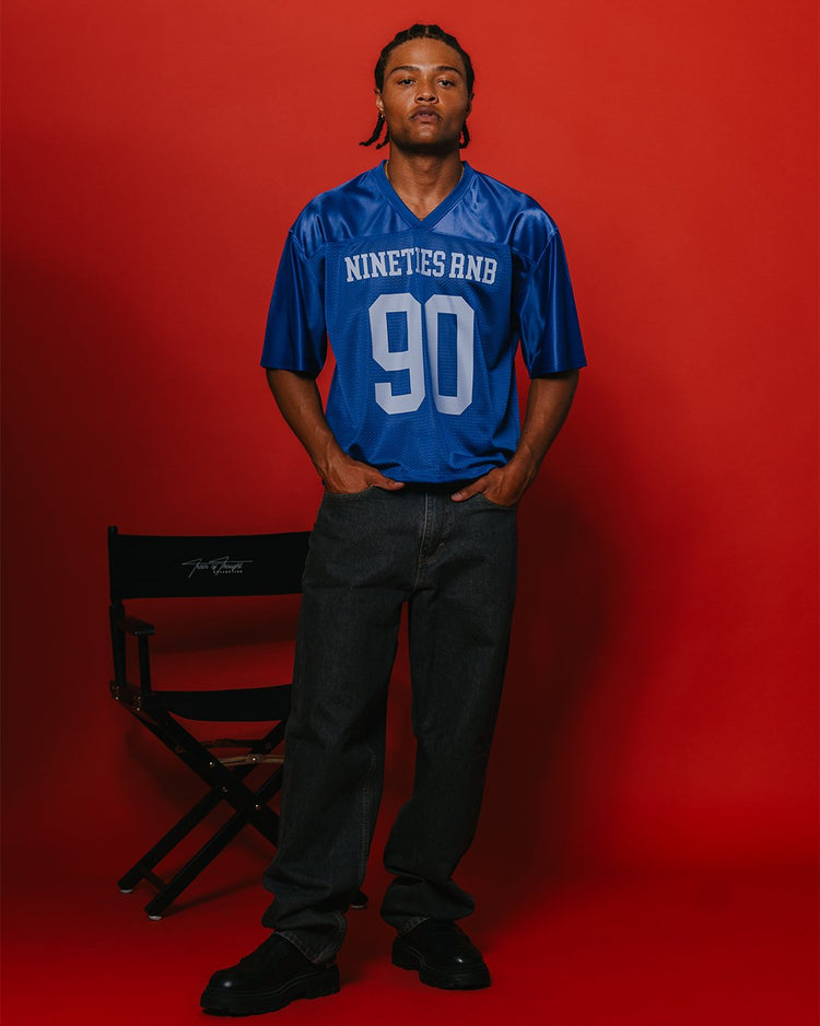 Nineties Rnb Every Morning Royal Blue Cropped Football Jersey - trainofthoughtcollective