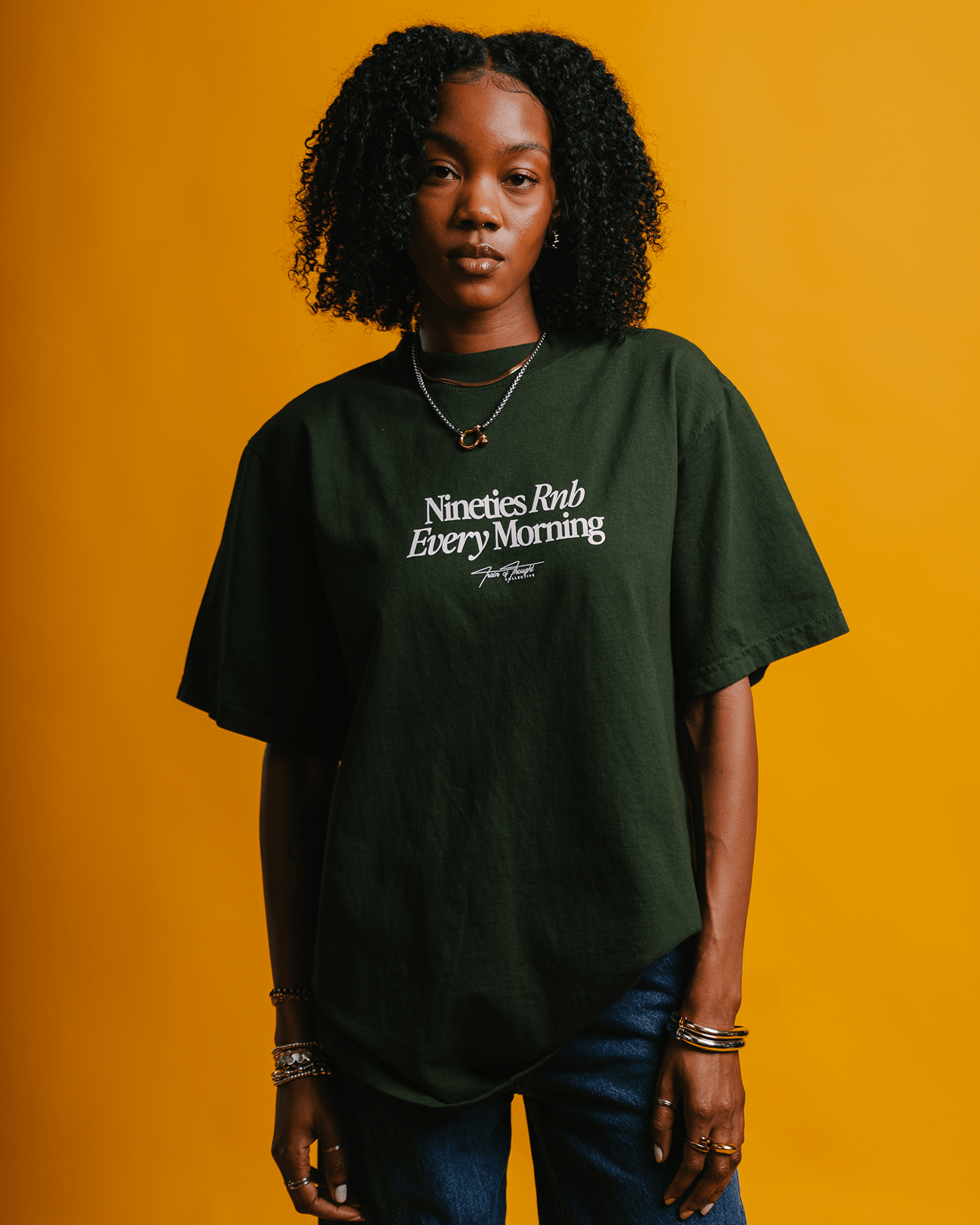 Nineties Rnb Every Morning V2 Oversized Green Tee - trainofthoughtcollective