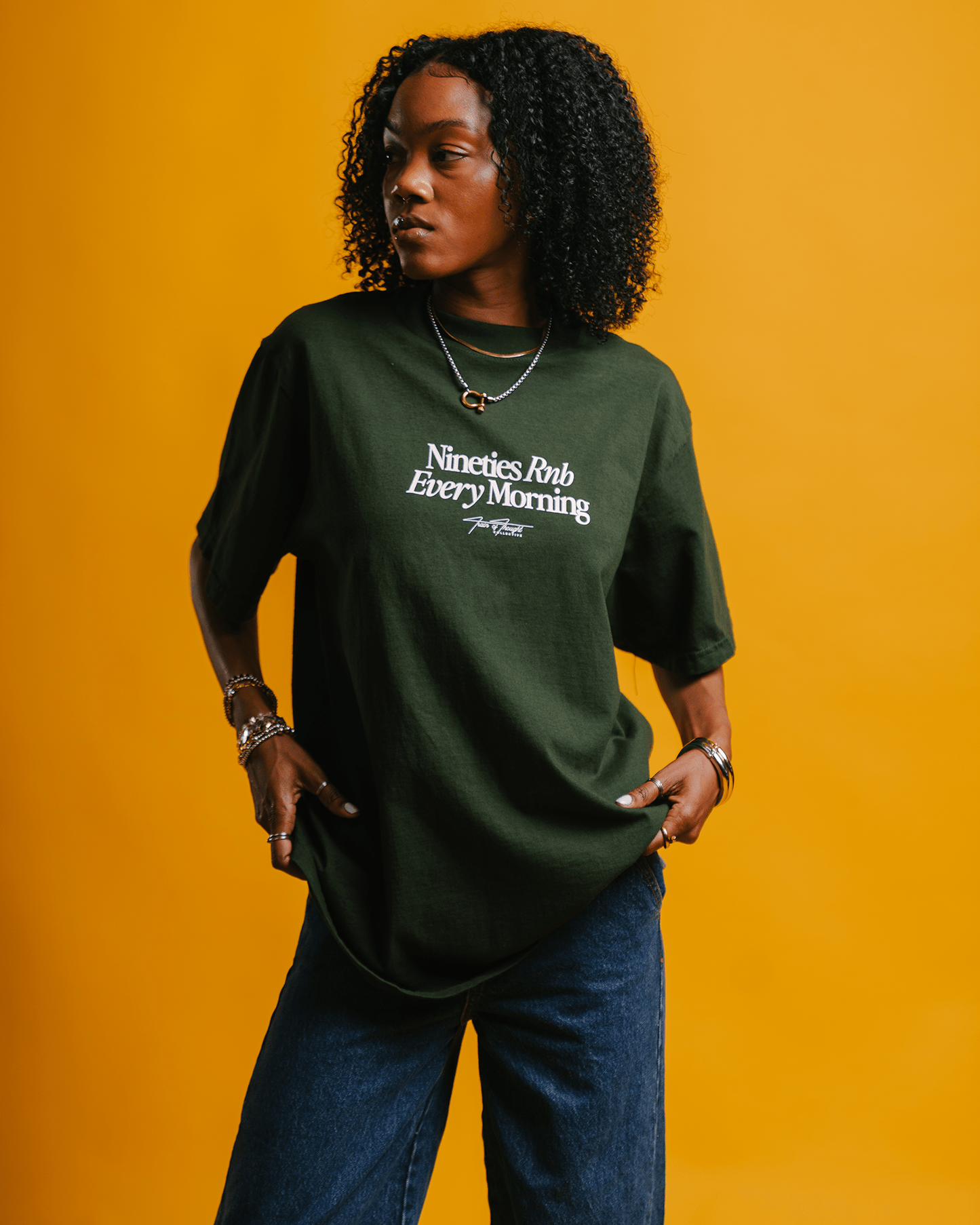 Nineties Rnb Every Morning V2 Oversized Green Tee - trainofthoughtcollective