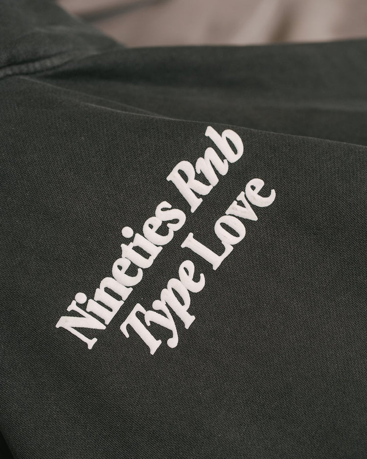 Nineties Rnb Type Love Relaxed Faded Black Hoodie - trainofthoughtcollective