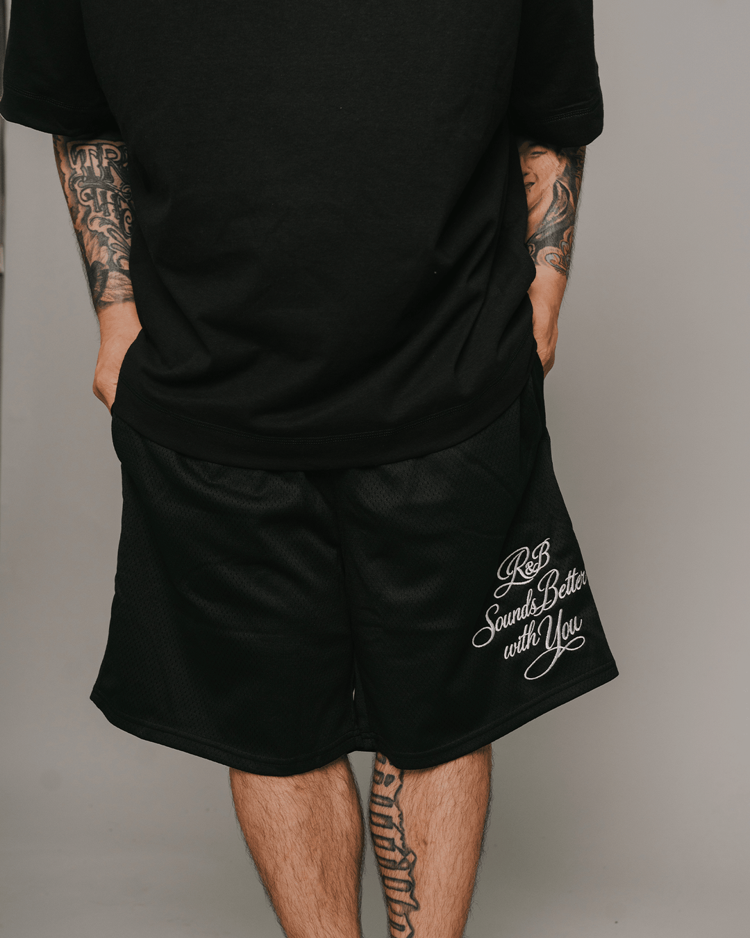 R&amp;B with You | Black Embroidered Mesh Shorts - trainofthoughtcollective