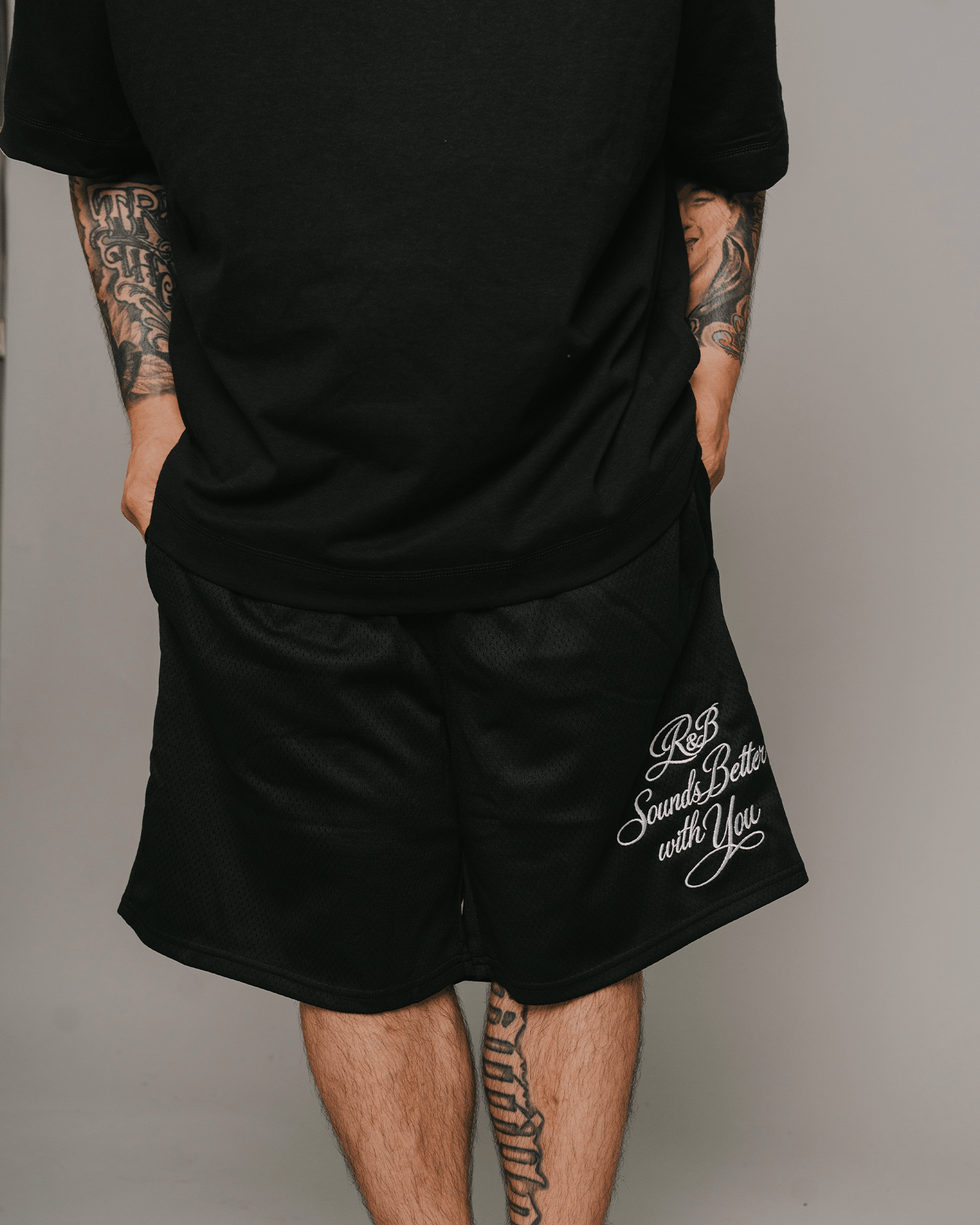 R&B with You | Black Embroidered Mesh Shorts - trainofthoughtcollective