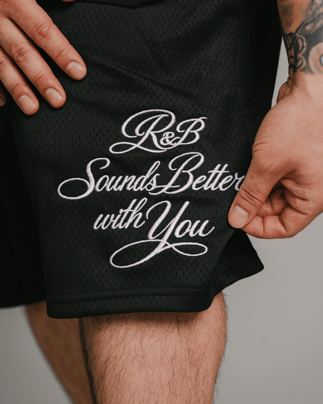 R&amp;B with You | Black Embroidered Mesh Shorts - trainofthoughtcollective