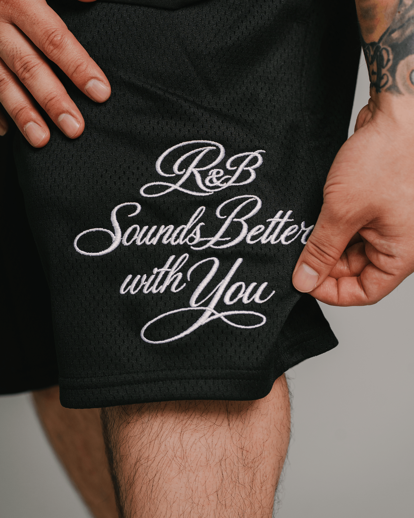 R&B with You | Black Embroidered Mesh Shorts - trainofthoughtcollective
