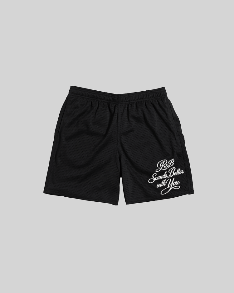 R&B with You | Black Embroidered Mesh Shorts - trainofthoughtcollective