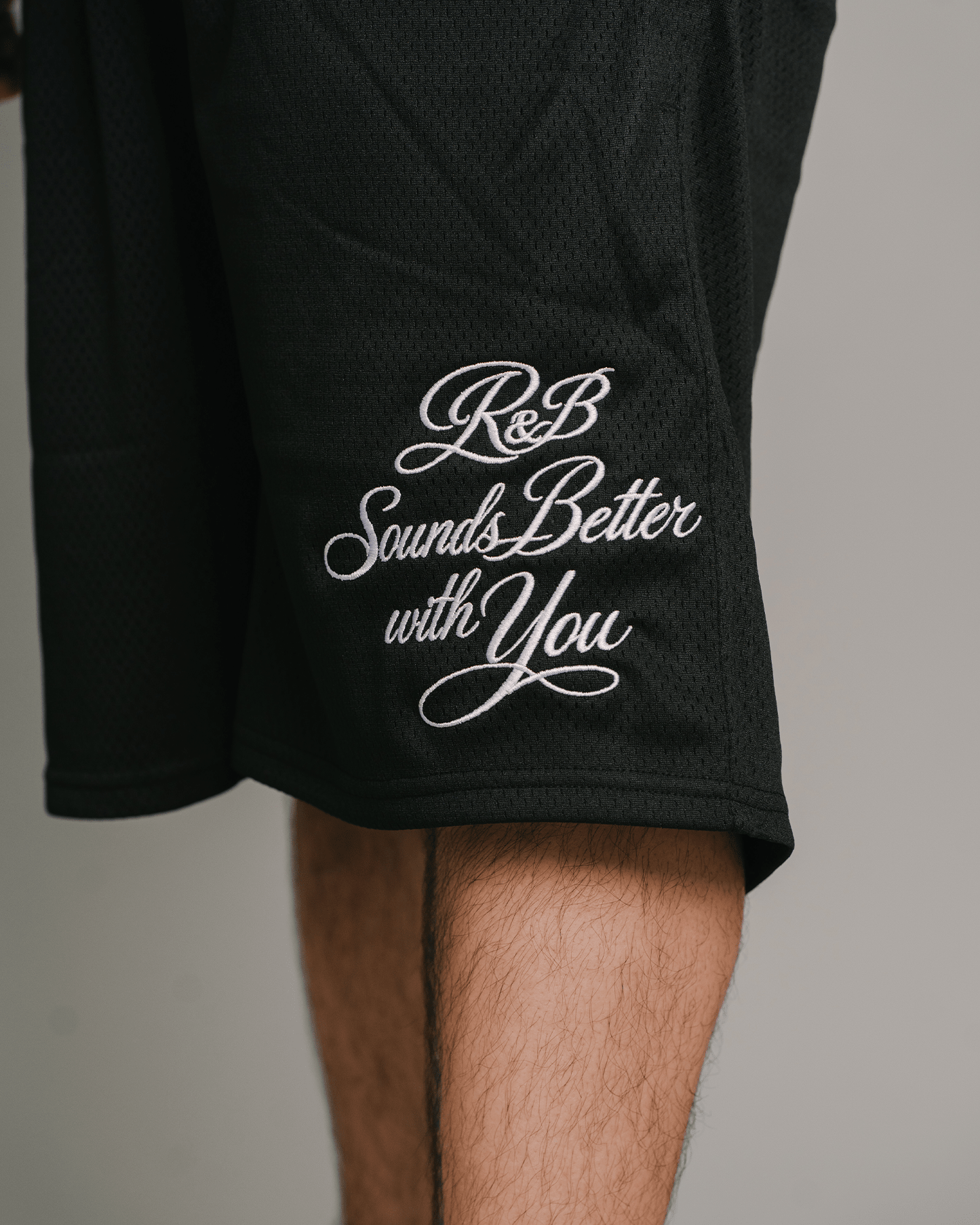 R&B with You | Black Embroidered Mesh Shorts - trainofthoughtcollective