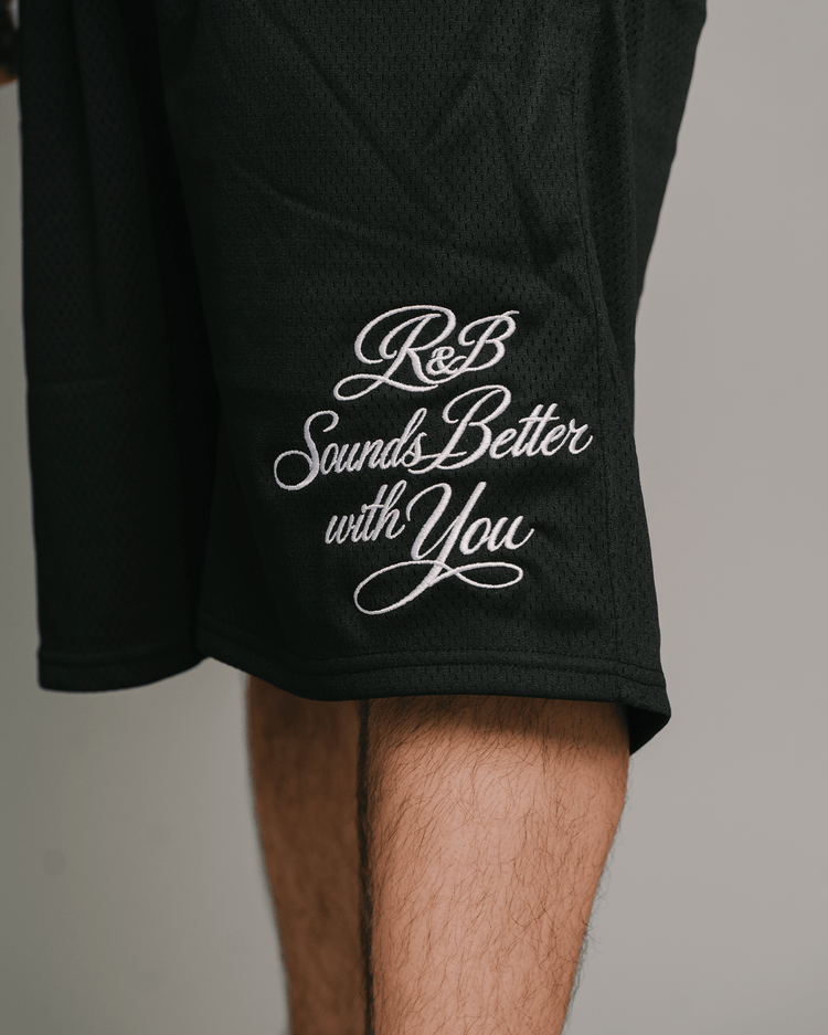 R&B with You | Black Embroidered Mesh Shorts - trainofthoughtcollective
