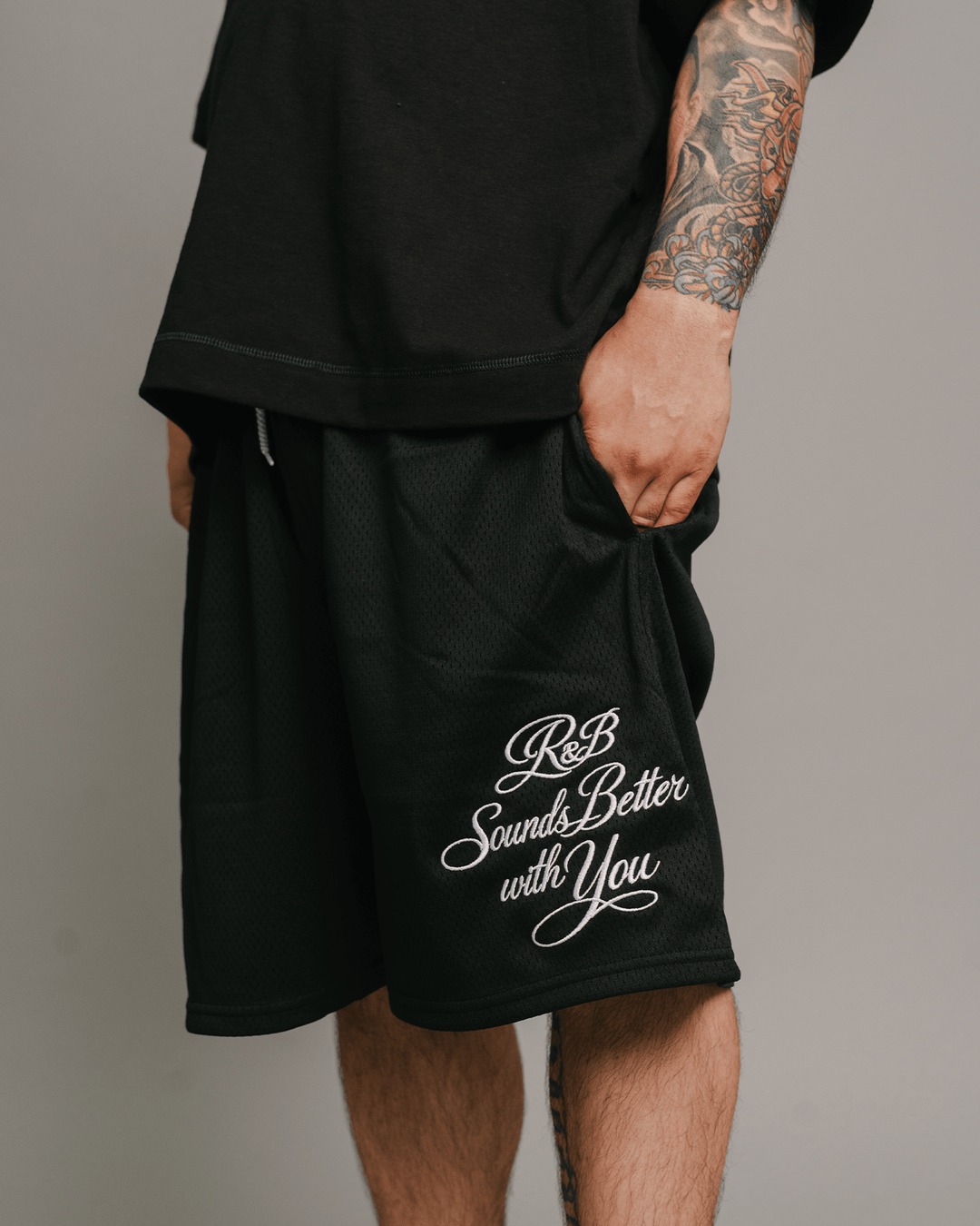 R&amp;B with You | Black Embroidered Mesh Shorts - trainofthoughtcollective