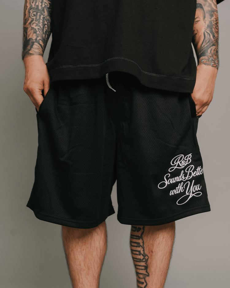 R&B with You | Black Embroidered Mesh Shorts - trainofthoughtcollective