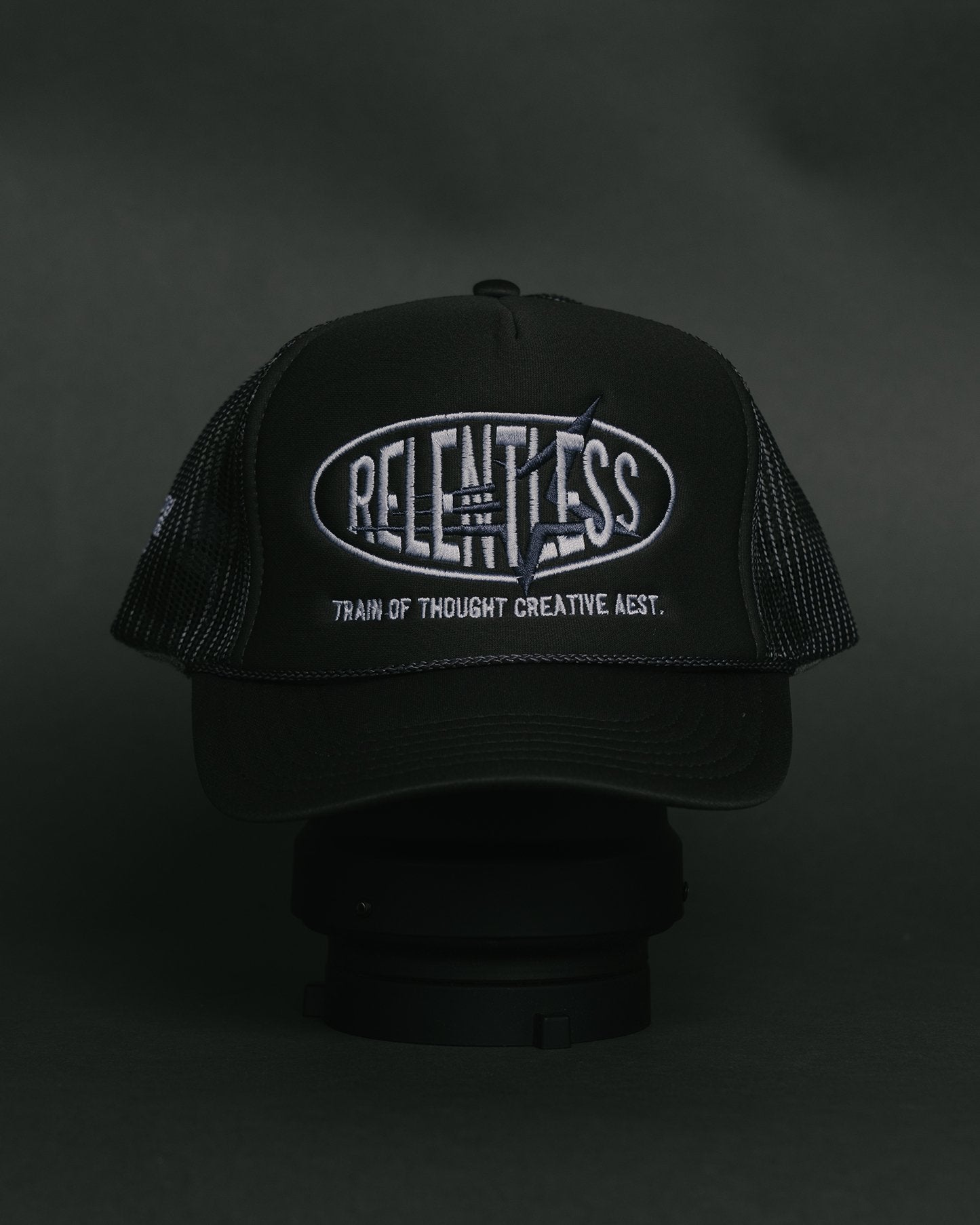 Relentless Grey 5 Panel Trucker Hat - trainofthoughtcollective