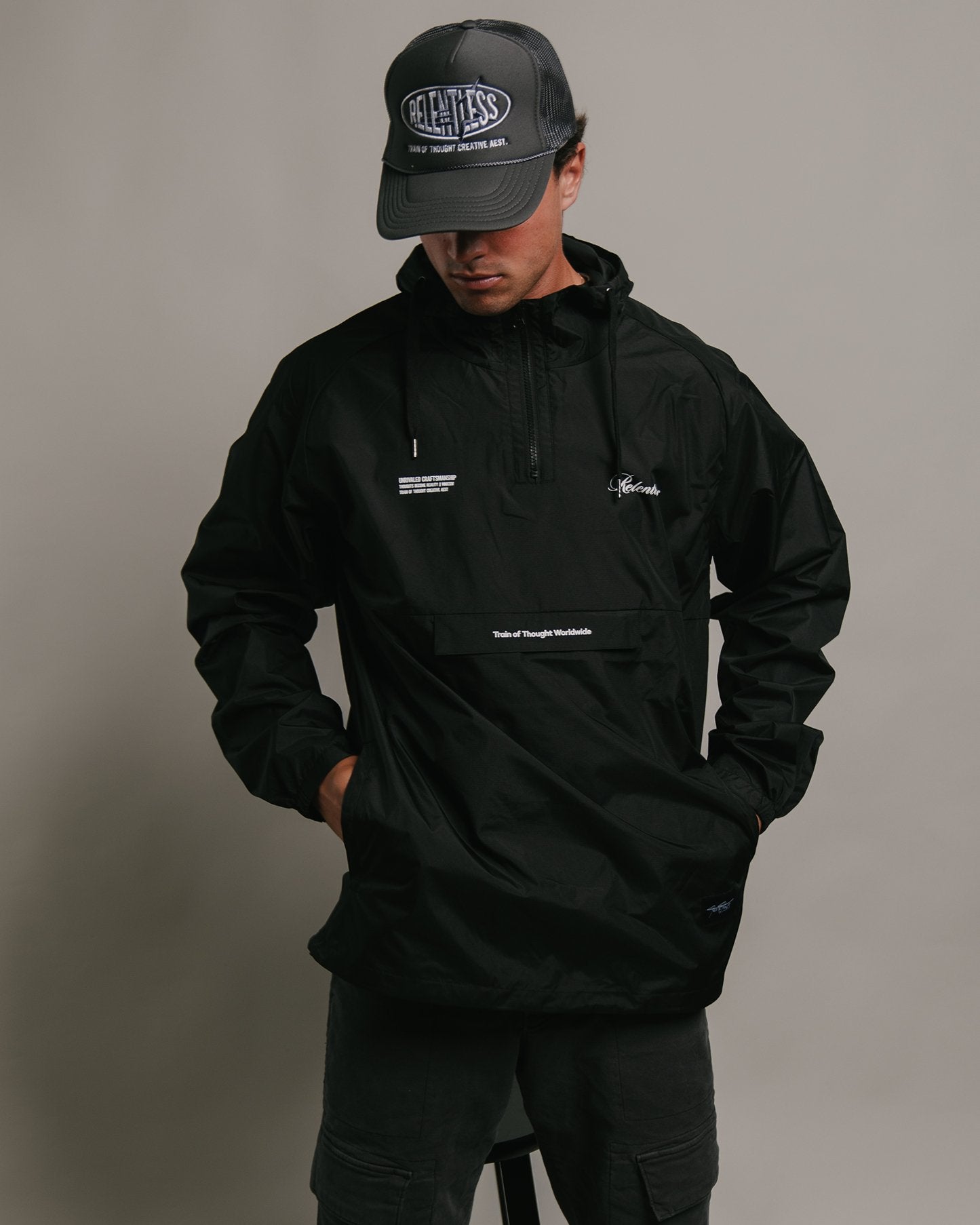 Relentless V1 Premium Black Windbreaker - trainofthoughtcollective