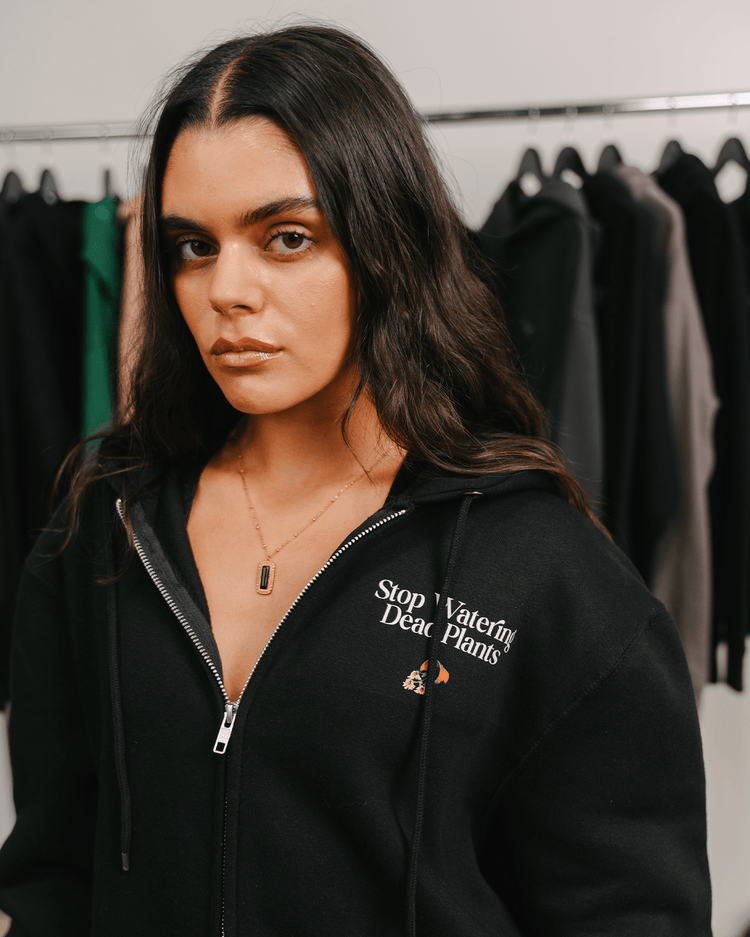 Stop Watering Dead Plants Black Full Zip Hoodie - trainofthoughtcollective