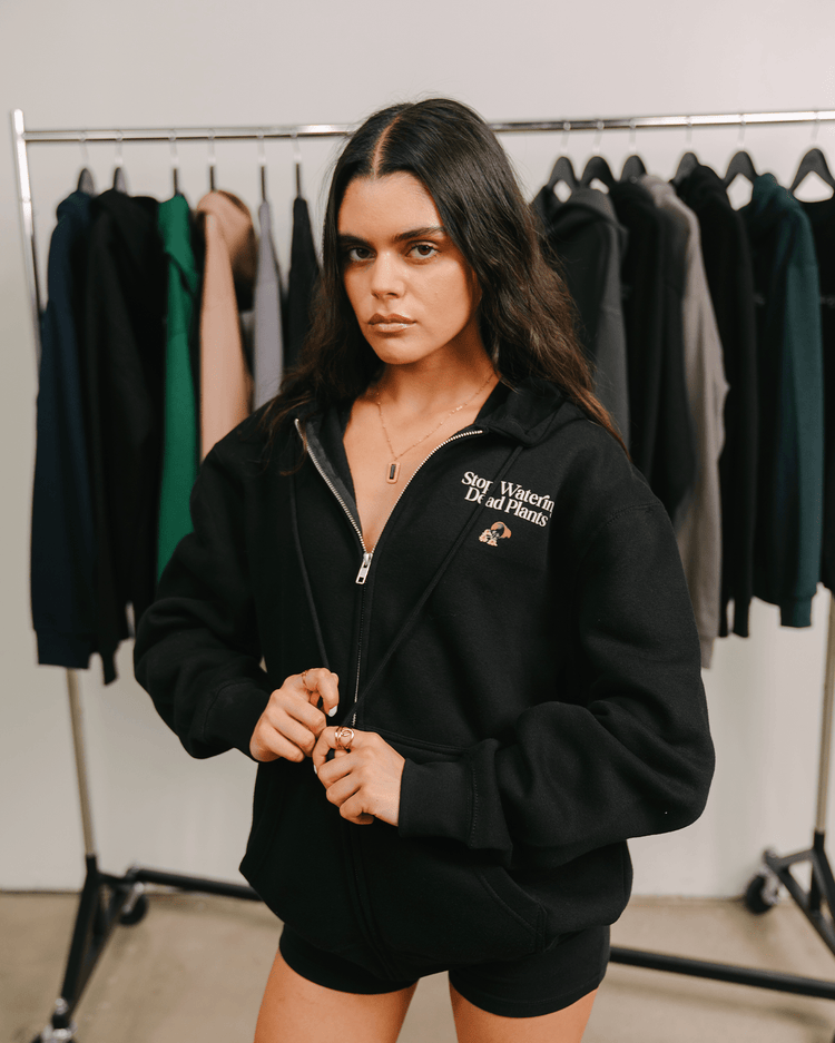 Stop Watering Dead Plants Black Full Zip Hoodie - trainofthoughtcollective