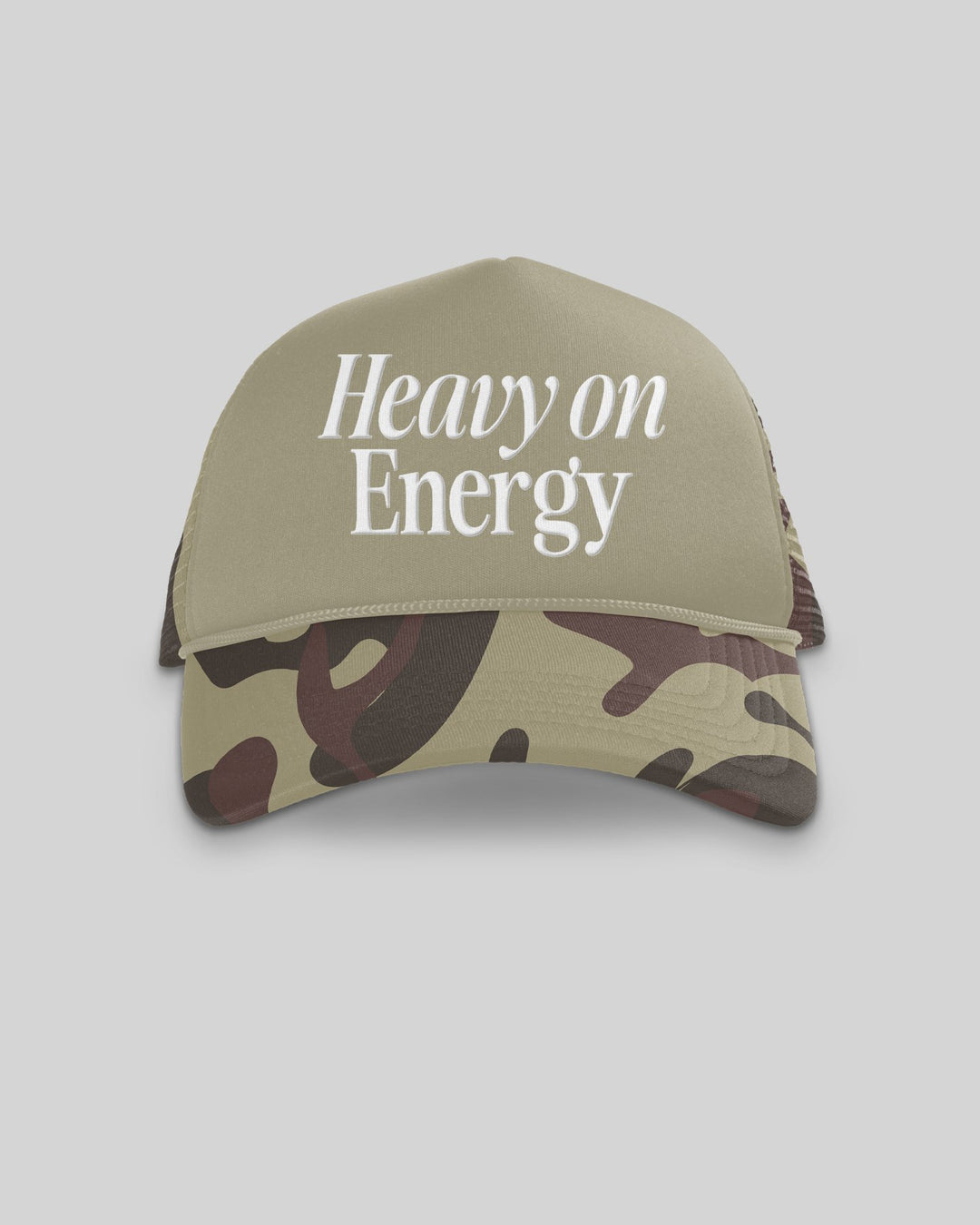 Heavy On Energy Camo 5 Panel Trucker Hat - trainofthoughtcollective