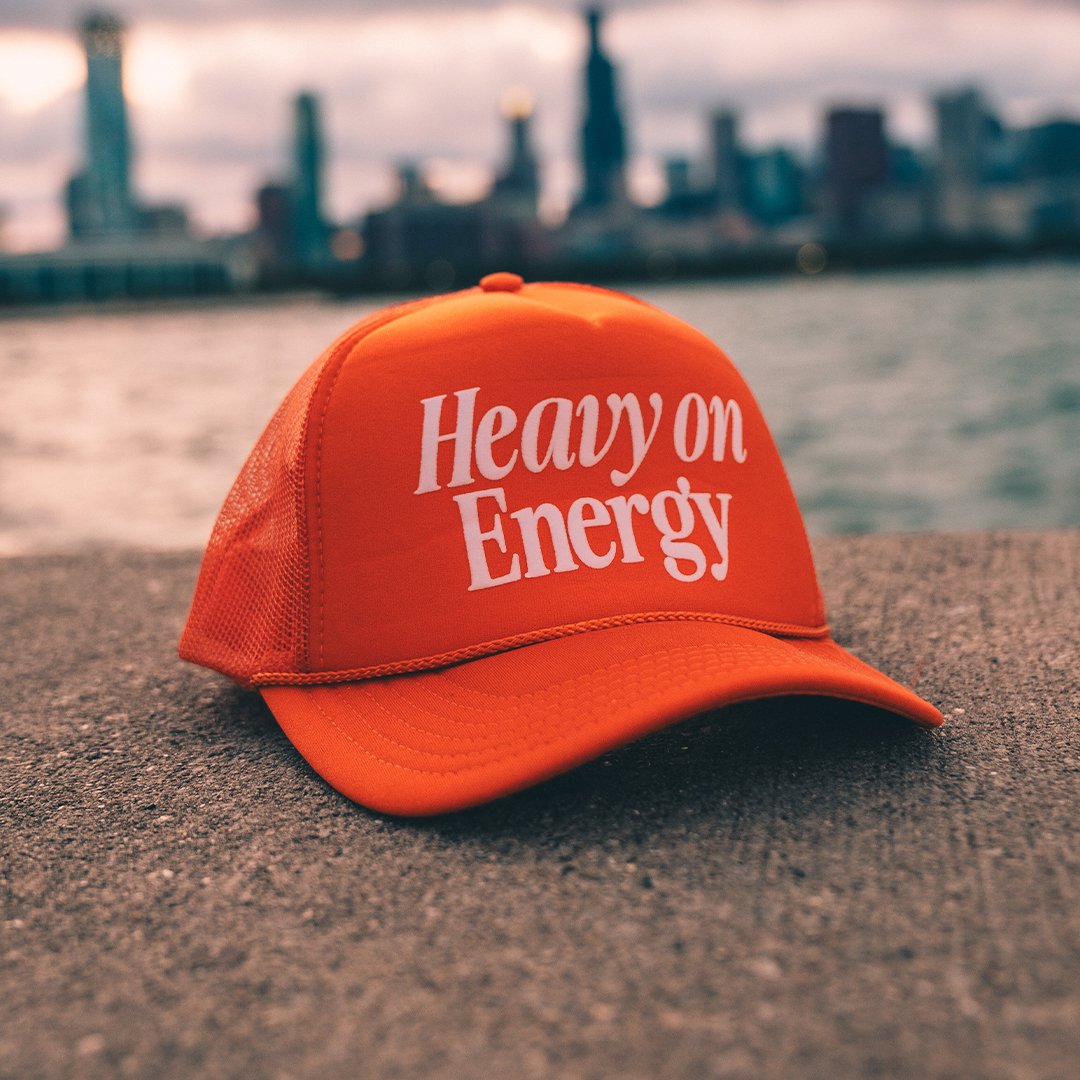 Heavy On Energy Orange 5 Panel Trucker Hat - trainofthoughtcollective