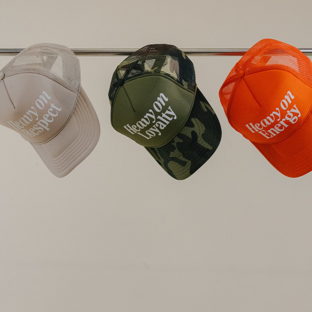 Heavy On Energy Orange 5 Panel Trucker Hat - trainofthoughtcollective