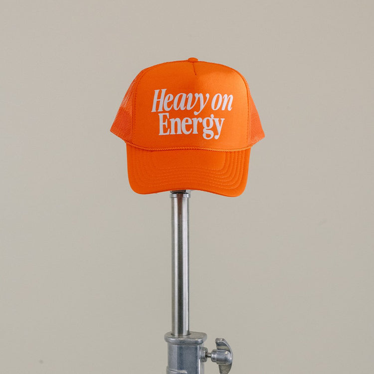 Heavy On Energy Orange 5 Panel Trucker Hat - trainofthoughtcollective