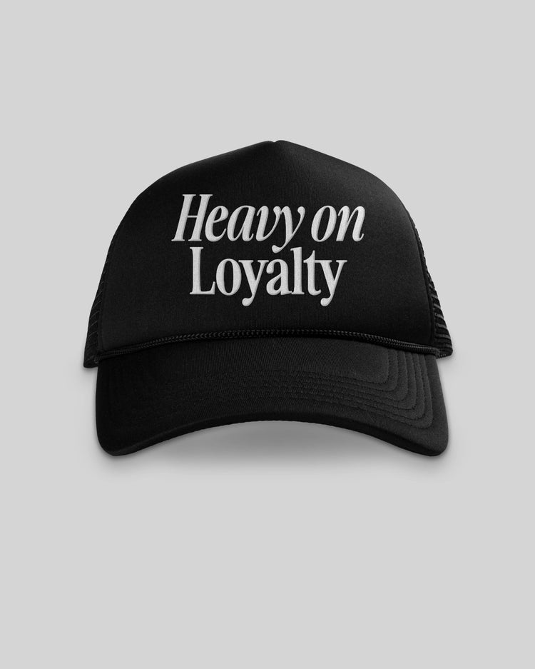 Heavy On Loyalty Black 5 Panel Trucker Hat - trainofthoughtcollective