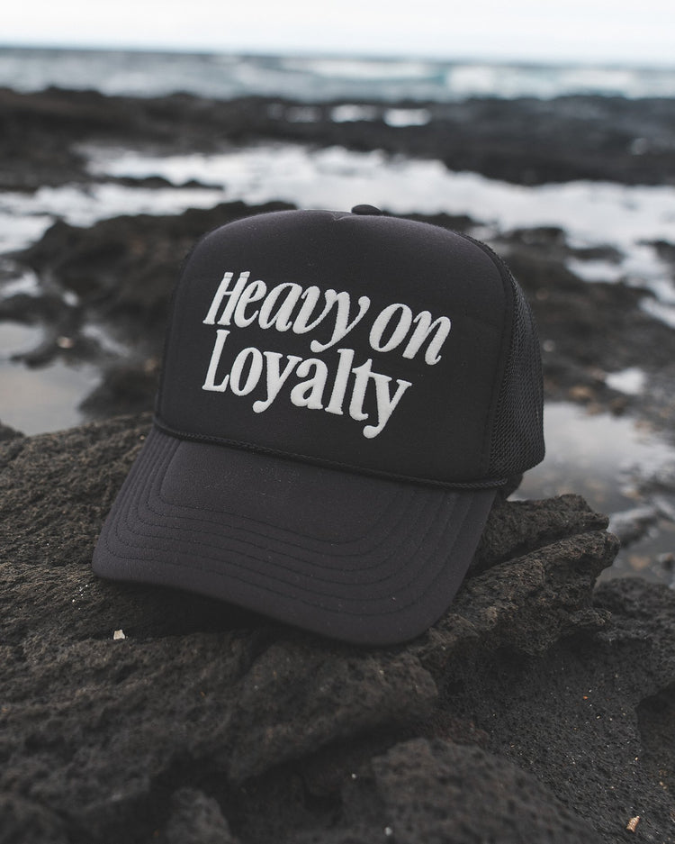 Heavy On Loyalty Black 5 Panel Trucker Hat - trainofthoughtcollective