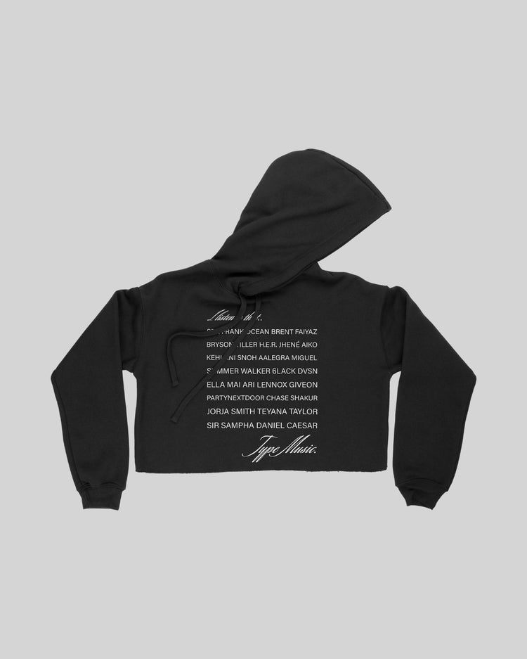 I listen to that.. Modern R&B Womens Cropped Black Hoodie - trainofthoughtcollective