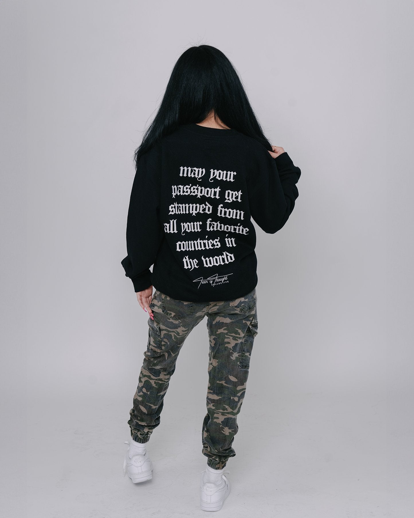 Passport Crewneck Black Sweatshirt - trainofthoughtcollective