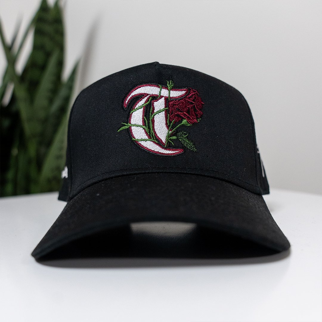 T-Rose 5 Panel Mid Profile Baseball Black Snapback - trainofthoughtcollective