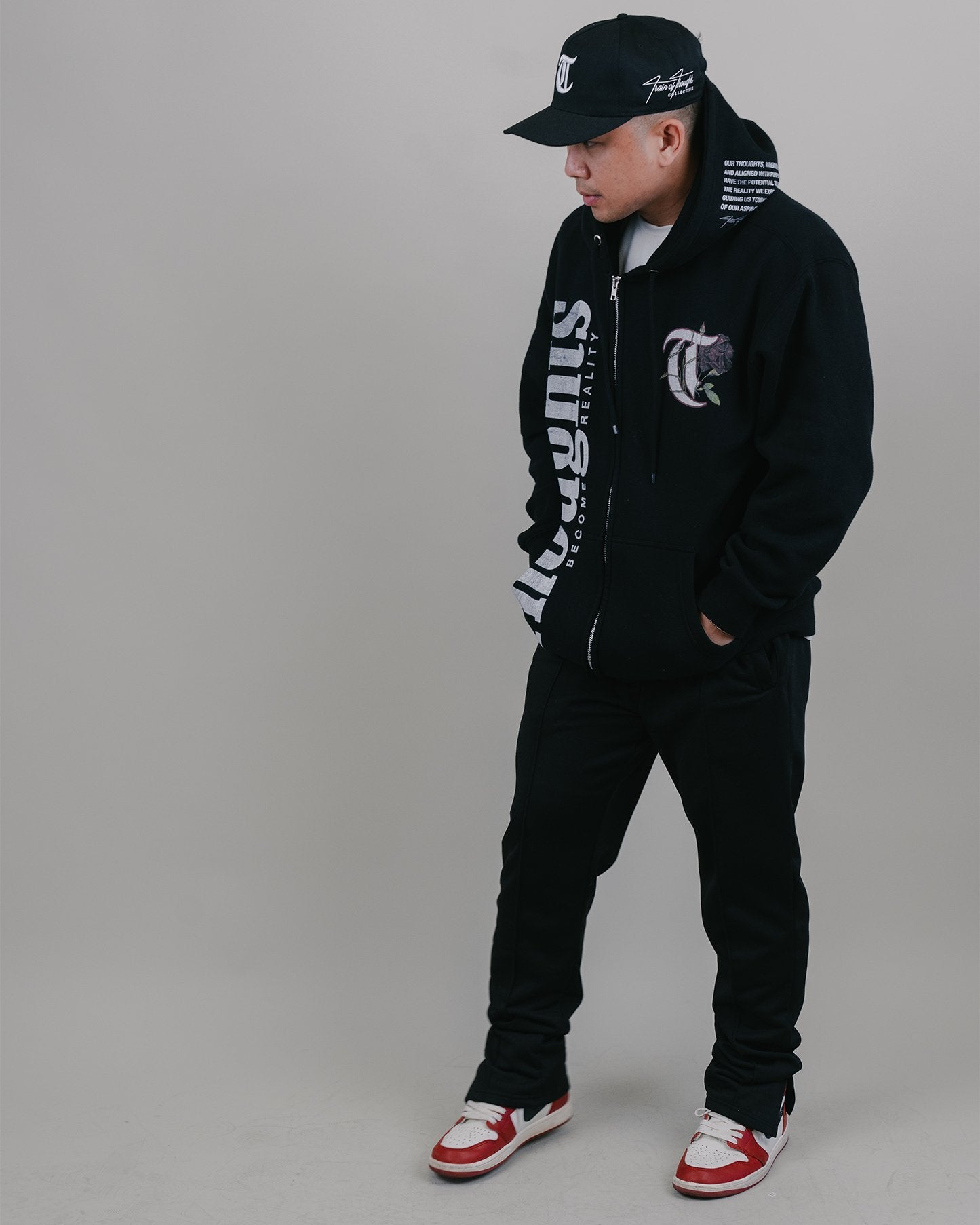 T-Rose Black Full Zip Hooodie - trainofthoughtcollective