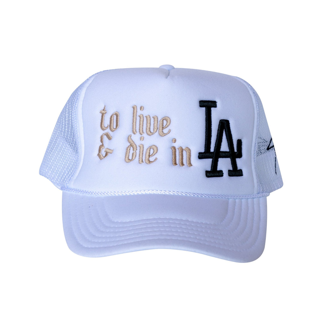 to live & die in LA White 5 Panel Trucker Hat - trainofthoughtcollective